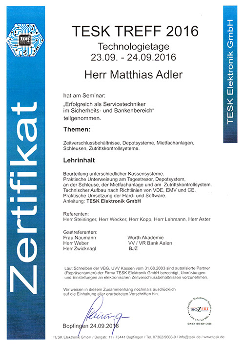 Zertifikat TESK Treff 2016